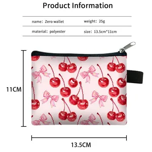 Mini polyester cherry and bow print zip coin purse measuring 13.5x11cm for daily storage
