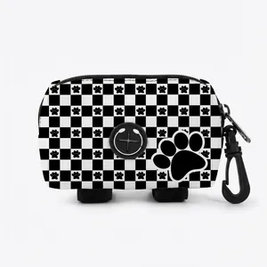 Checkered pet poop bag dispenser with claw print and durable carabiner for leashes