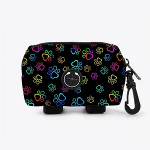 Black pet poop bag dispenser with colorful neon paw prints and durable hanging hook