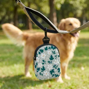 Portable Pet Dog Treat Pouch Floral Paw Print Canvas Small Training Bag With Swivel Hook Zipper Closure For Outdoor Walking