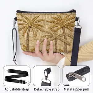 Bolso de hombro de paja con bordado de cocotero y correa ajustable para mujer joven