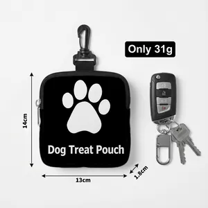 Portable dog treat pouch with cartoon paw print, including size dimensions and key reference