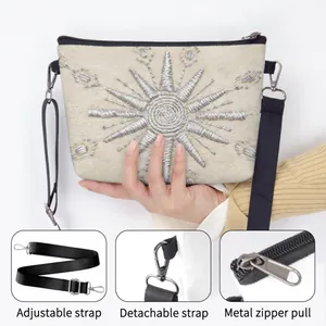 Bolso bandolera de fieltro beige con bordado de sol y correa ajustable de nailon