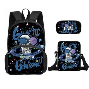 3-teiliges Schulrucksack-Set mit Astronauten-Motiv, Umhängetasche und Federmäppchen in Schwarz