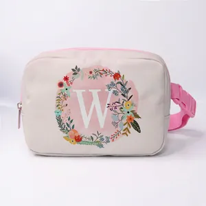 Sac banane en toile rose avec lettre W et imprimé floral, bandoulière réglable