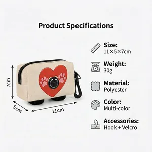 Portable polyester pet waste bag dispenser with heart print and hook, 11x5x7cm size