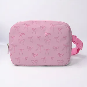 Pink crossbody waist bag with butterfly pattern and adjustable buckle strap