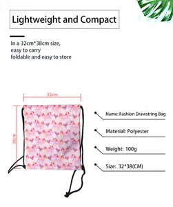 Detail view of pink unicorn drawstring bag showing 32x38cm size and polyester texture