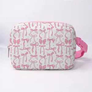 White fanny pack with pink butterfly print and adjustable nylon strap for women