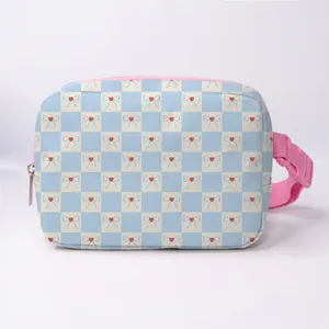 Blue and white checkered fanny pack with red heart print and pink adjustable strap