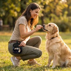 Close-up of portable pet treat bag for dog training attached to a belt in outdoor setting