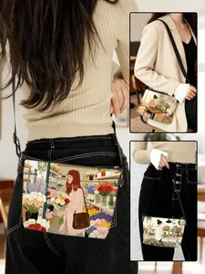 Three-angle view of a felt crossbody bag featuring a realistic floral art illustration
