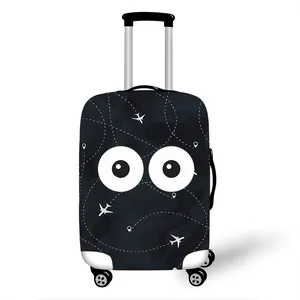 Elastic suitcase cover with blue airplane print and cartoon eyes for luggage protection