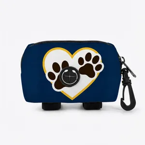 Navy blue canvas pet poop bag dispenser with yellow heart and durable hanging hook