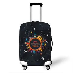 Elastic travel suitcase cover with airplane flight path and world landmarks print