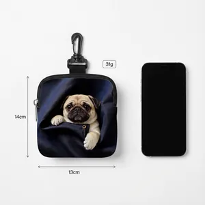 Portable pug print dog treat pouch size 13x14cm compared with a smartphone