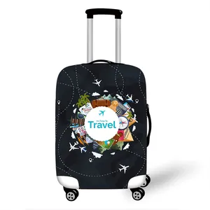 Deep blue elastic luggage cover with airplane print and Time To Travel slogan