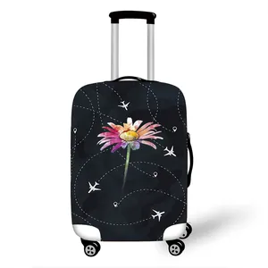 Elastic polyester suitcase cover with daisy and airplane print for luggage protection