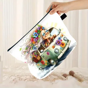 Vintage style double-sided print makeup bag featuring floral cartoon elderly lady artwork