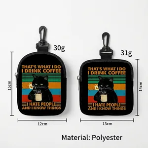 Portable polyester dog treat bag with black cat coffee print and hanging hook