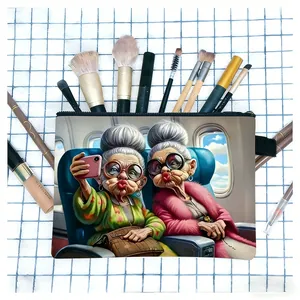 Vintage style makeup bag with colorful double-sided print of grandmas taking a selfie