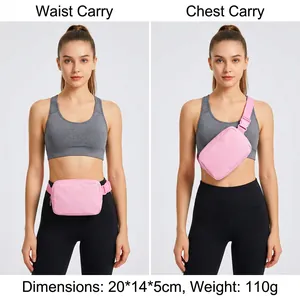 Pink nylon crossbody bag showing waist and chest carry styles with 20x14x5cm dimensions