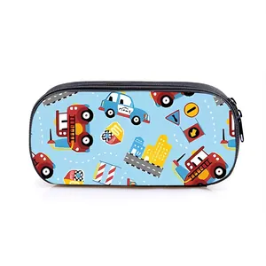 Trousse scolaire véhicules de chantier, grande capacité avec fermeture éclair bleue