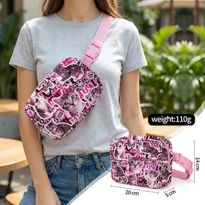 Pink leopard print waist bag with cat pattern showing size 20x14x5cm and 110g weight