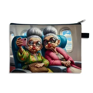 Funny vintage ladies selfie print canvas cosmetic bag with zipper and hand strap