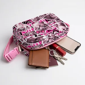 Interior view showing daily storage capacity for a pink leopard cat print chest bag