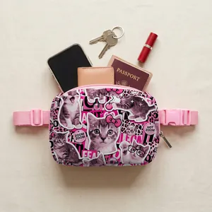 Flat lay of pink leopard waist bag with cat prints, showing passport and phone storage