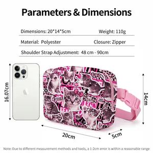 Size chart showing pink leopard print waist bag dimensions 20x14x5cm with smartphone scale