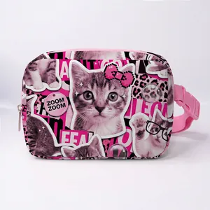 Detail of pink cat collage waist bag showing durable canvas material and sturdy buckle strap