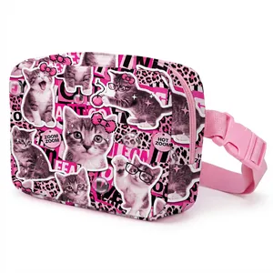 Detail of pink cat print fanny pack with leopard pattern and adjustable buckle strap