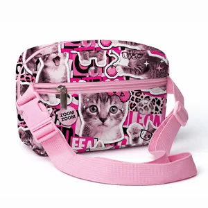 Detail of pink leopard and cat print crossbody waist bag with adjustable strap and buckle