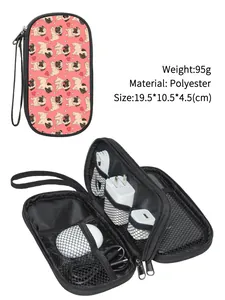 Pink pug pattern travel electronics organizer with mesh pockets and elastic straps