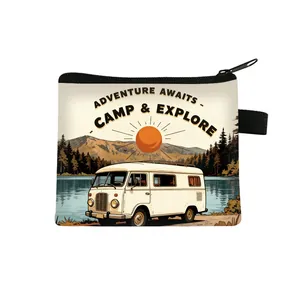 Mini canvas coin purse with vintage camping van print and Adventure Awaits lettering