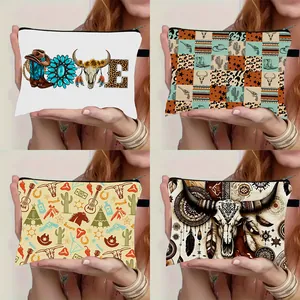 Western Style Bull Skull Print Makeup Bag Large Capacity Toiletry Pouch Bohemian Travel Stationery Storage Case For Women