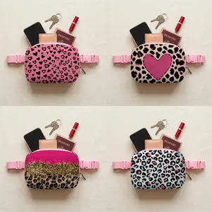 Fashion Women Leopard Heart Print Waist Bag Polyester Outdoor Sports Chest Bag Portable Adjustable Strap Phone Storage Pack