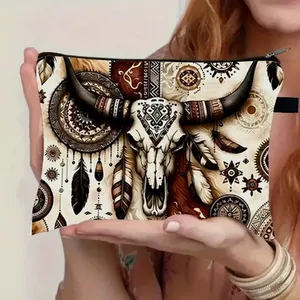 Western style cow skull print large capacity canvas makeup bag with bohemian feather design
