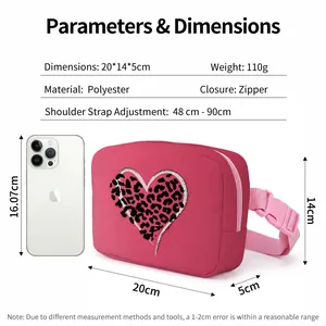 Fuchsia leopard heart crossbody bag with dimensions and phone size comparison