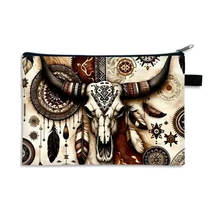 Western style cow skull print large capacity cosmetic bag and stationery pouch