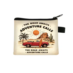 Retro car canvas coin purse with adventure print and secure zipper for travel