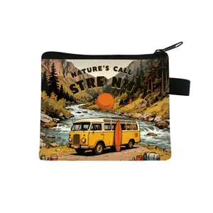 Mini vintage camper van coin purse with nature scenery and zip closure for outdoor travel