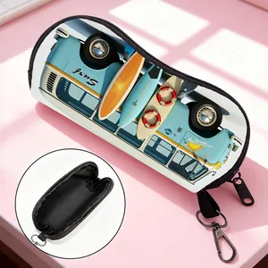 Cylindrical sunglasses case with blue surf camper print and metal swivel hook