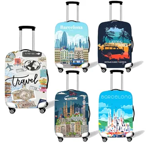 Elastic luggage covers featuring Barcelona and vintage travel themes with various prints