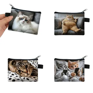 Cute Cartoon Cat Print Mini Coin Purse For Women Kids Polyester Zipper Small Wallet Portable Key Card Storage Pouch Bag