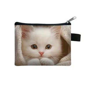 Cute white kitten print mini coin purse with zipper closure and portable wrist strap