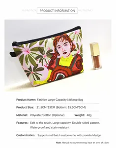 Detail view of ethnic style polyester makeup bag with girl and floral print 21.5x13cm
