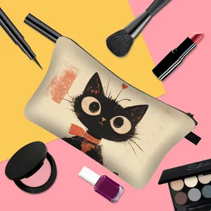 Cartoon cat print makeup bag with large capacity and portable side handle strap